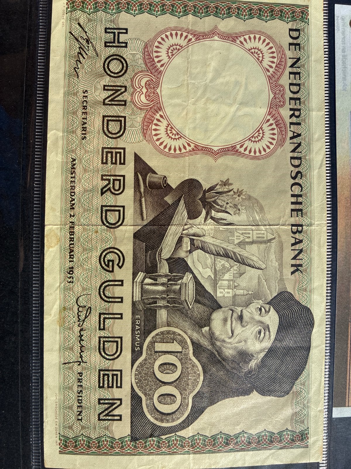 Zeldzaam biljet: 100 Gulden uit 1951 met Erasmus, Postzegels en Munten, Ophalen of Verzenden, 100 gulden, Los biljet