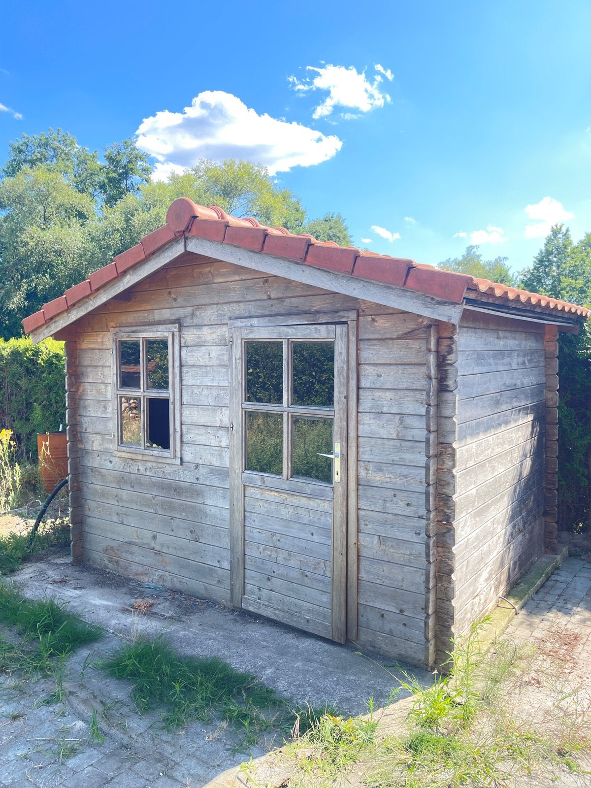 degelijk houten tuinhuis / blokhut met pannendak, Ophalen, Gebruikt, 250 tot 500 cm, Blokhut