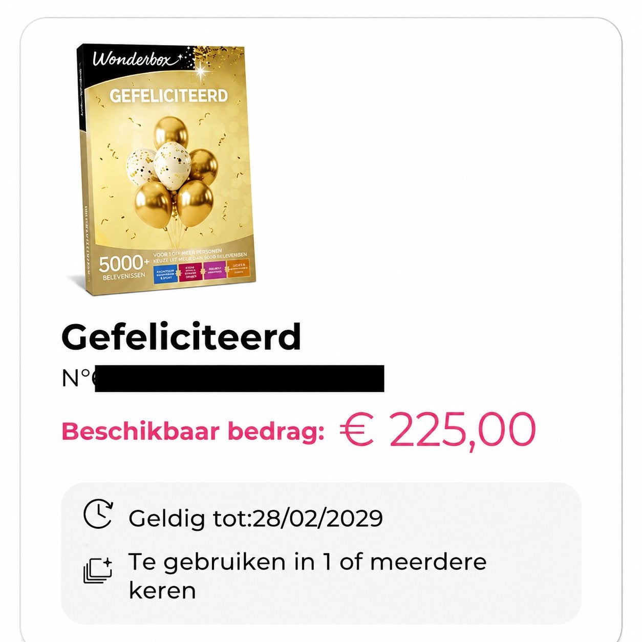 Wonderbox bon twv €225 nu voor €200, Eén persoon, Cadeaubon