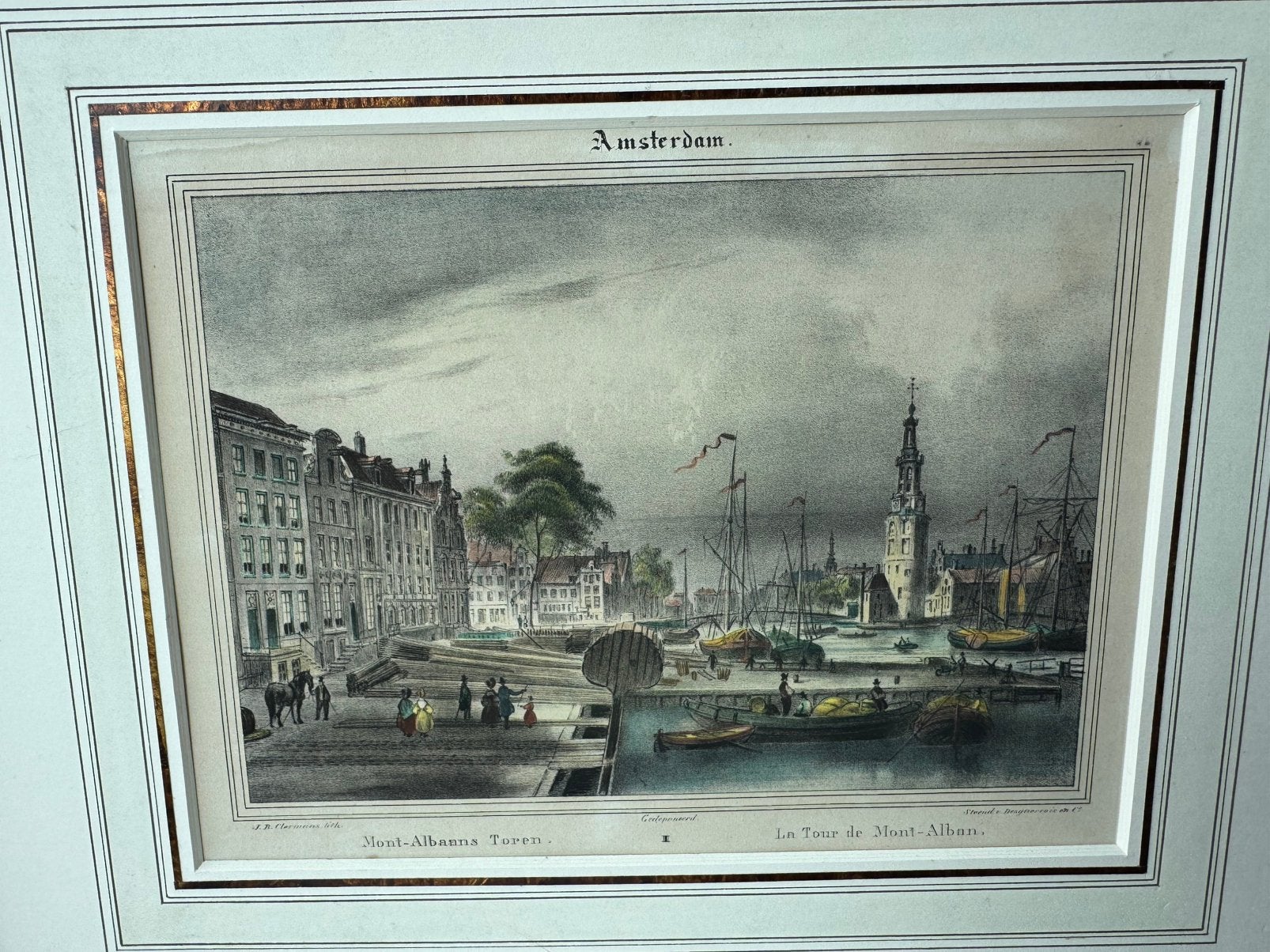 Antieke prent Amsterdam: Mont-Albans Toren, handgekleurd, Antiek en Kunst, Kunst | Etsen en Gravures, Handgekleurd, 1800 - 1899
