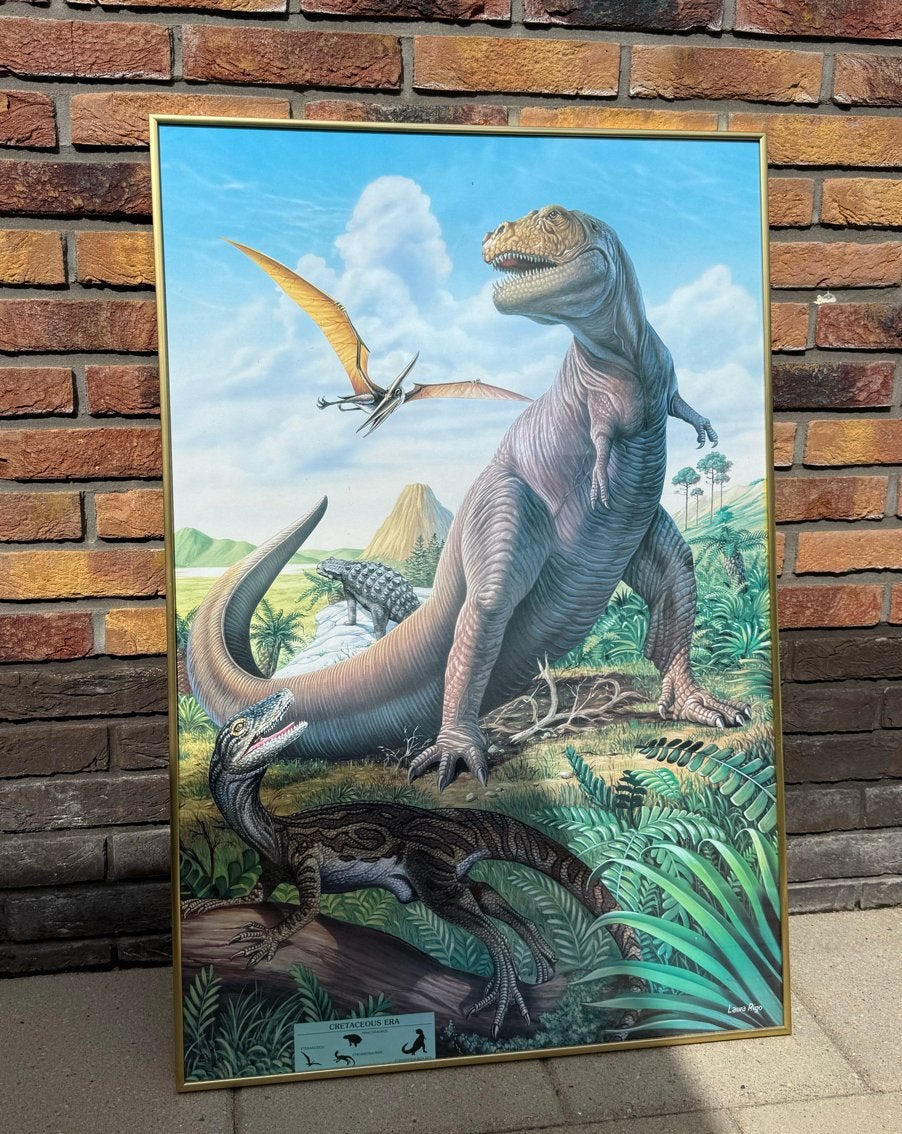 Grote gouden fotolijst met dino poster 91x61 cm, Ophalen of Verzenden, Gebruikt, Wanddecoratie