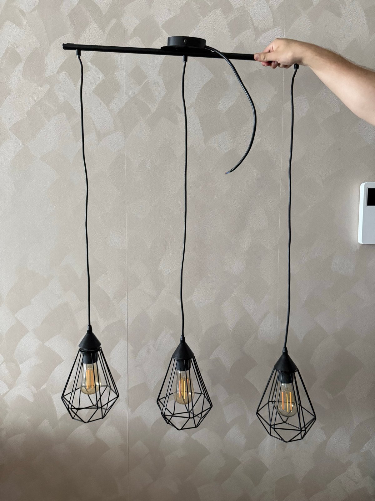 Zwarte industriële hanglamp met 3 kooilampen, Ophalen, Gebruikt, Metaal, E27 (groot)