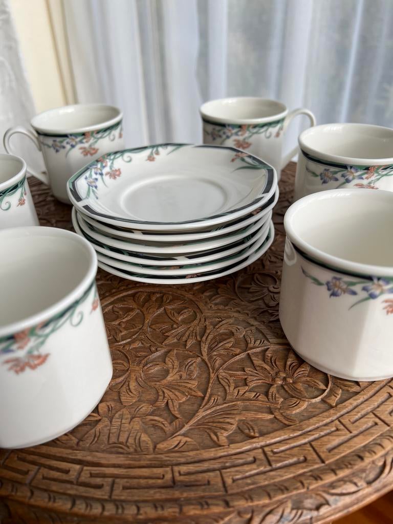 Set van 6 kopjes en 6 schoteltjes met bloemmotief, Gebruikt, Keramiek, Ophalen of Verzenden, Overige stijlen