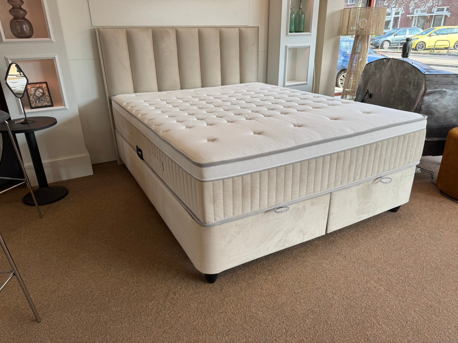 Boxspring/Baza met opbergruimte 160 Direct/leverbaar E-7400, Ophalen, #Opbergbox#Boxspring#Baza#Opbergruimte#160cm#Beige Velvet