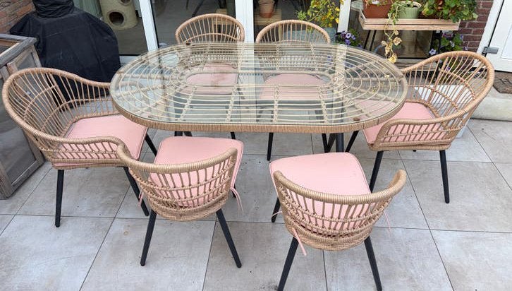 Tuinset met 6 stoelen, kussens en glazen tafel, Tuin en Terras, Tuinsets en Loungesets, Ophalen, Gebruikt, Rotan, 6 zitplaatsen