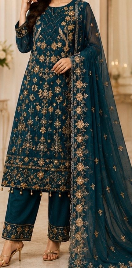 Anarkali kurta met Gouden Borduurwerk, Maat 38/40 (M), Blauw, Ophalen of Verzenden, Zo goed als nieuw