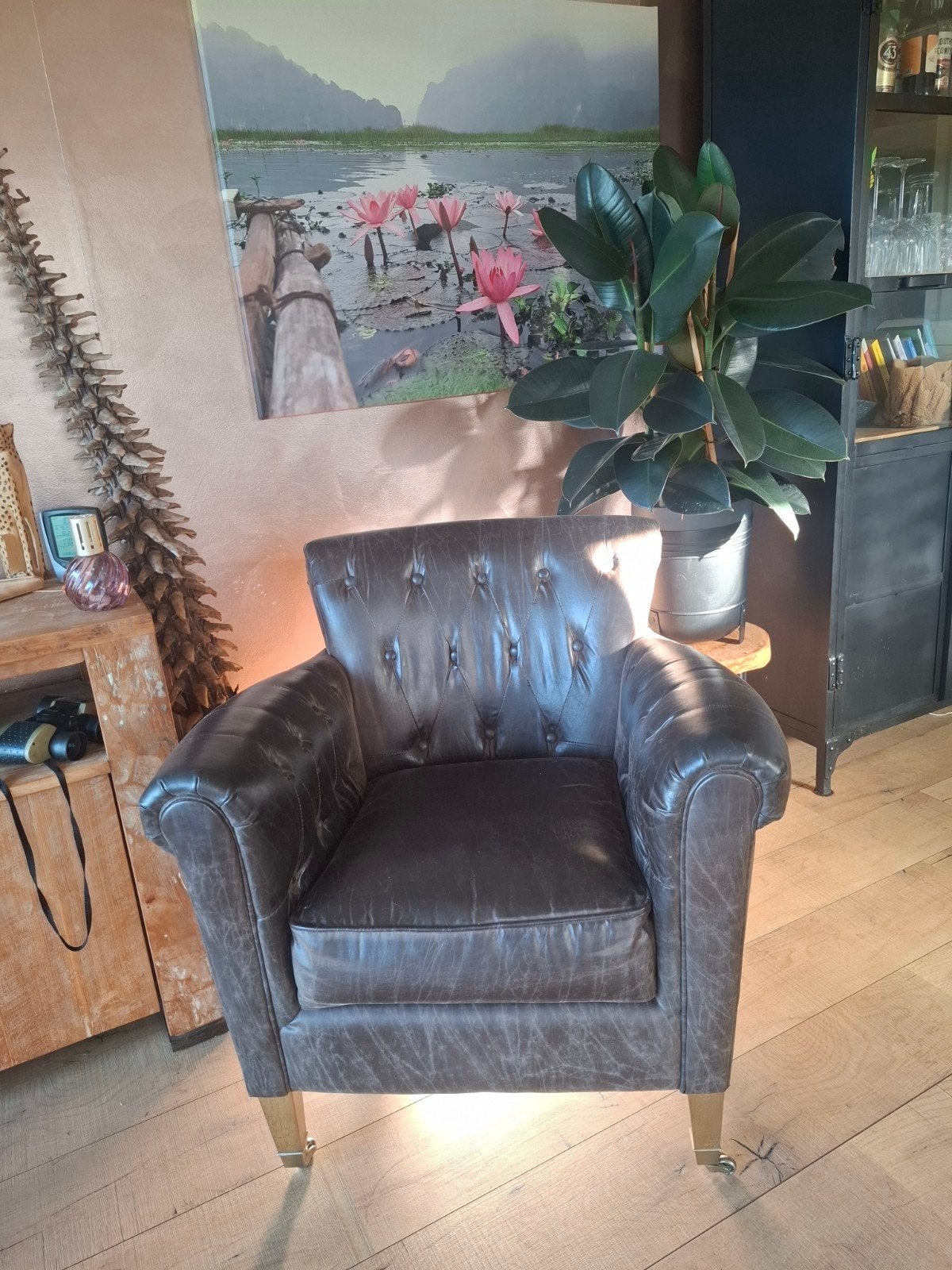 Riviera Maison Leren Stoeltje - Chesterfield Stijl, Gebruikt, Chesterfield, Ophalen of Verzenden, 75 tot 100 cm