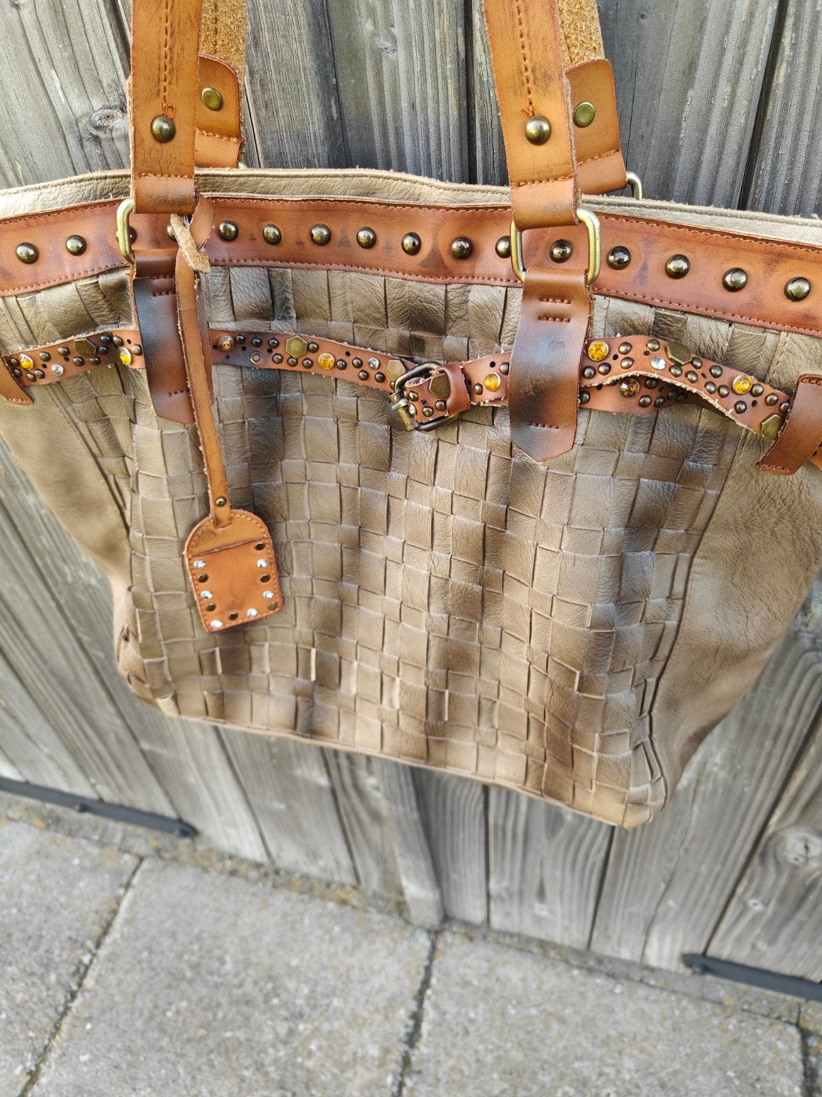 Shopper/laptoptas met Gevlochten voorkant en Studs, Ophalen of Verzenden, Gebruikt, Beige, Shopper