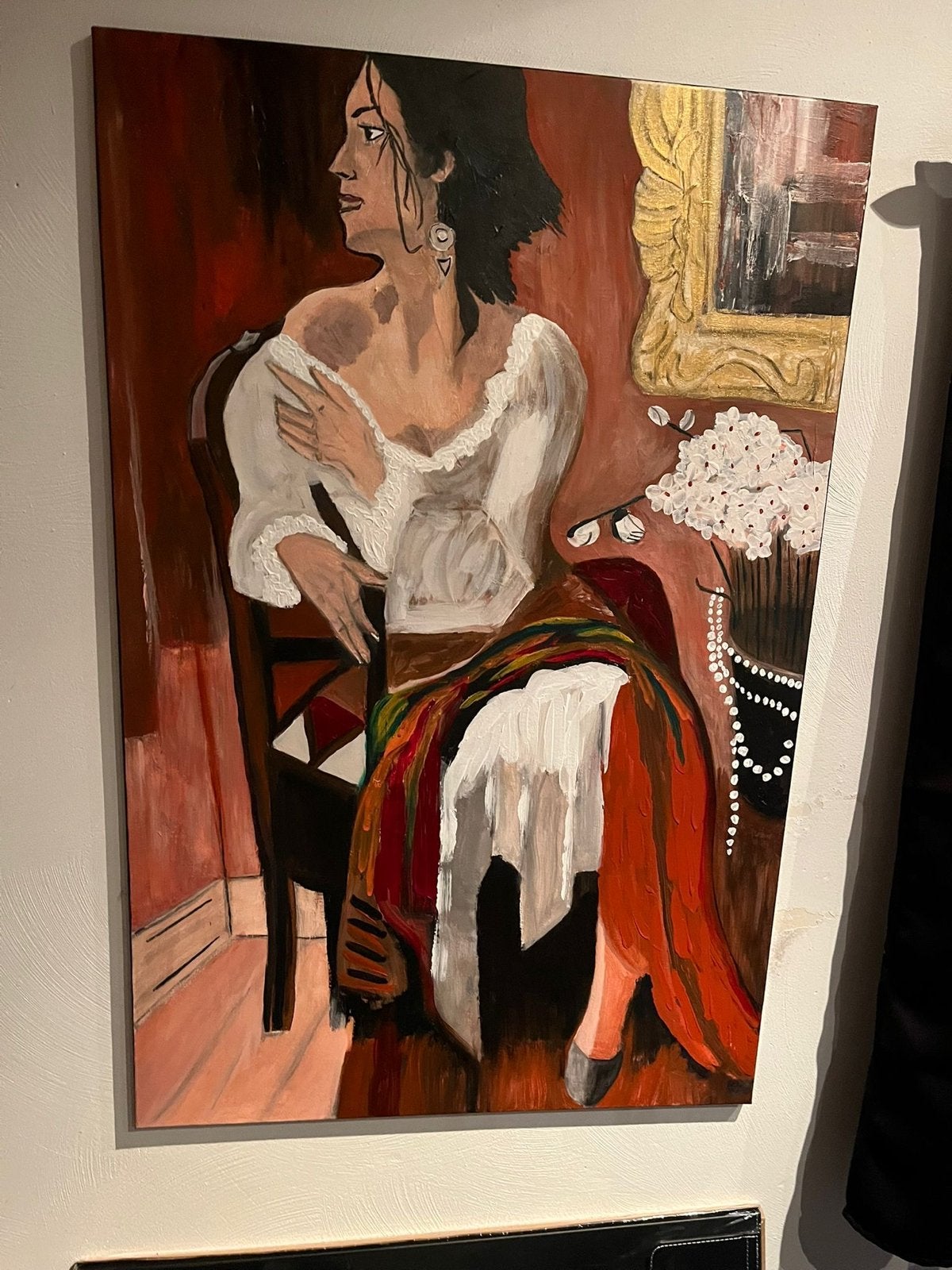 Schilderij: Zittende Vrouw in Rood en Wit, Antiek en Kunst, Doek, Portret of Personen, Realistisch, Ophalen of Verzenden