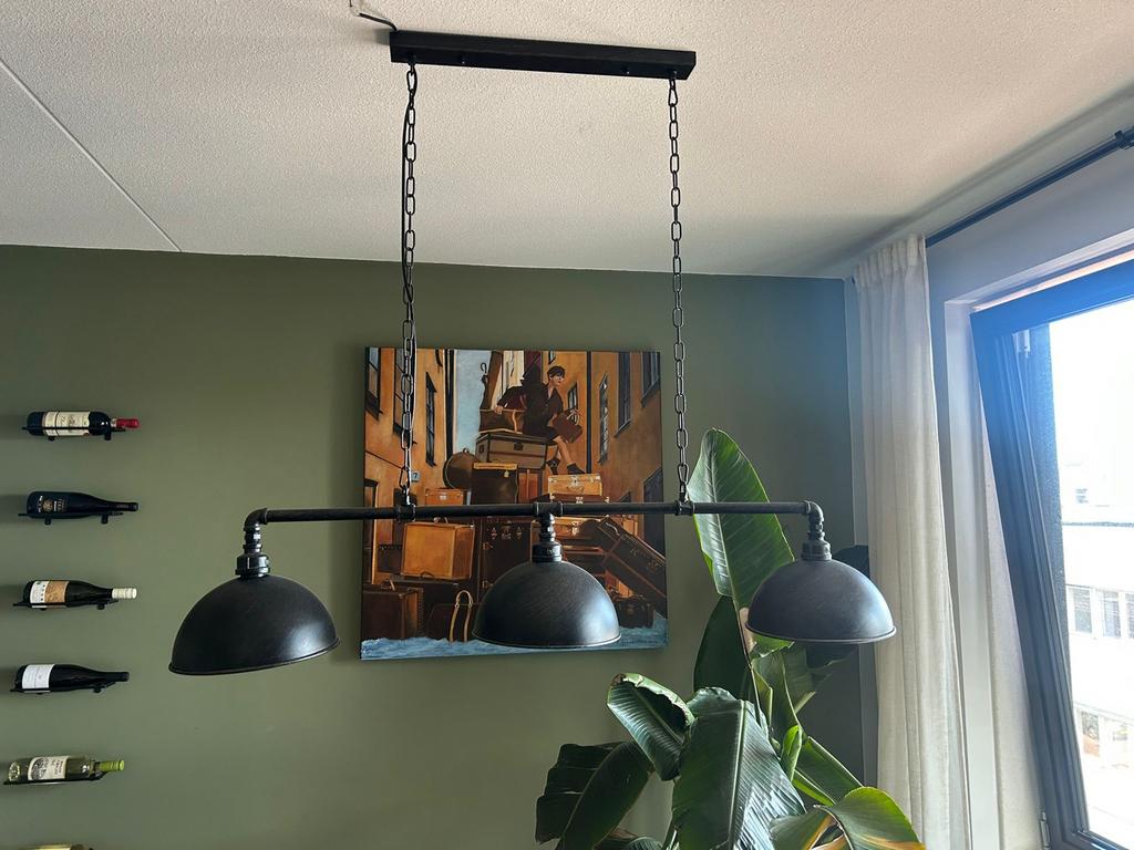 Industriële hanglamp met 3 kappen - Zwart metaal, Ophalen of Verzenden, Gebruikt, Metaal, 75 cm of meer