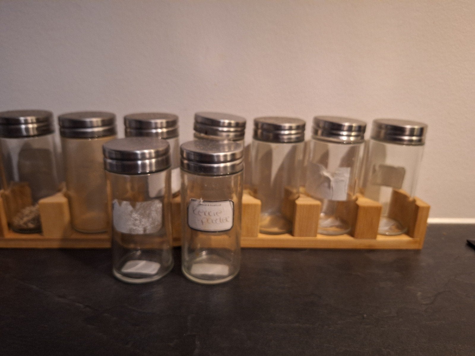 Kruidenrek met 10 glazen potjes, Hout, Ophalen of Verzenden, Bruin, Overige typen