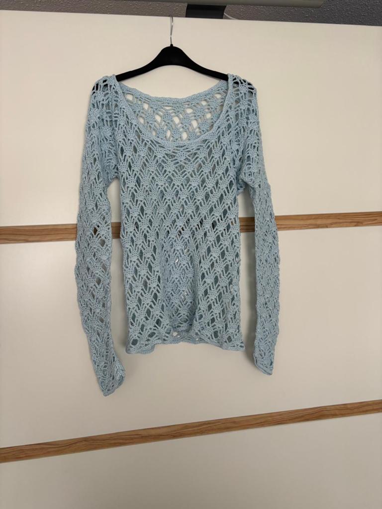 Handgebreide lichtblauwe katoenen trui, Ophalen, Zo goed als nieuw, Maat 38/40 (M), Blauw