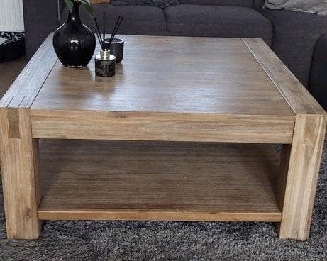 mooie en tijdloze salontafel 90x90x42 Acaciahout pronto, Ophalen, Gebruikt, 50 tot 100 cm, Minder dan 50 cm