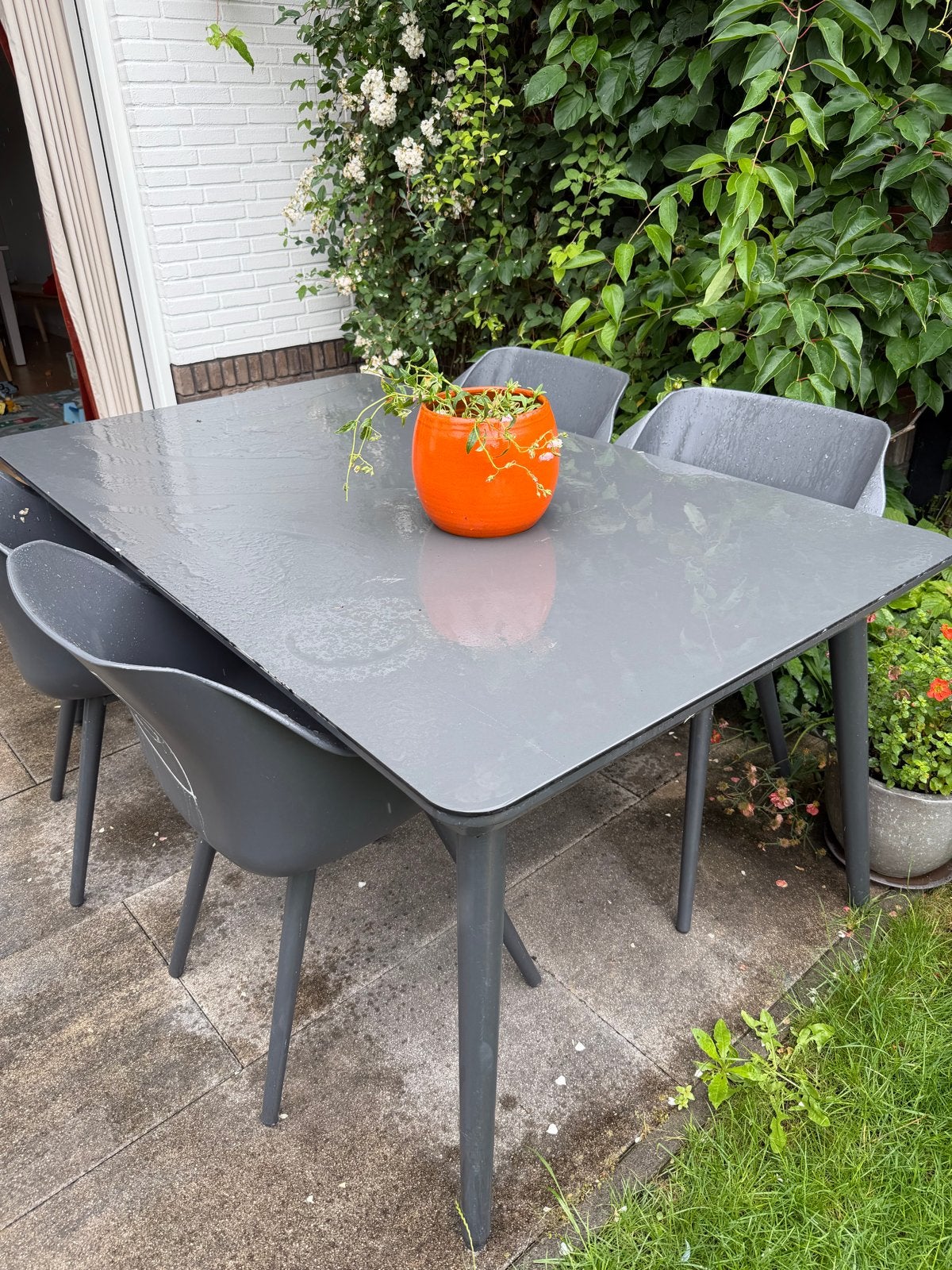 Hartman tuintafel met 4 stoelen - antraciet gries, Ophalen, Gebruikt, Vierkant, Kunststof