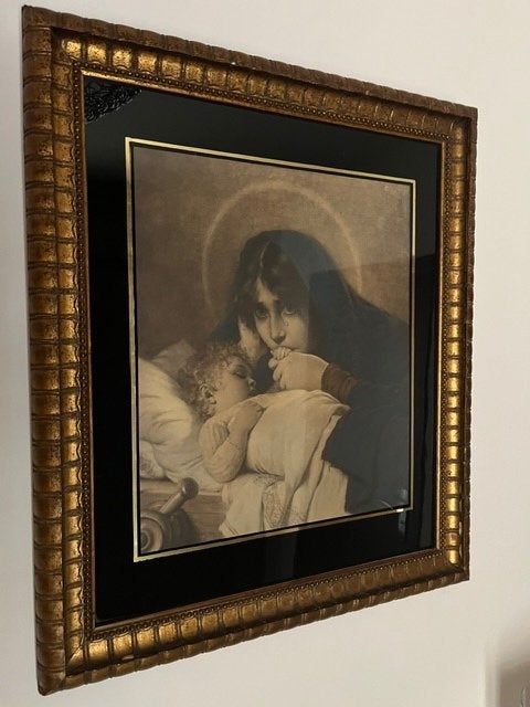 Antieke koperets Madonna met kind, Portret of Personen, Klassiek, Ophalen, Achter glas