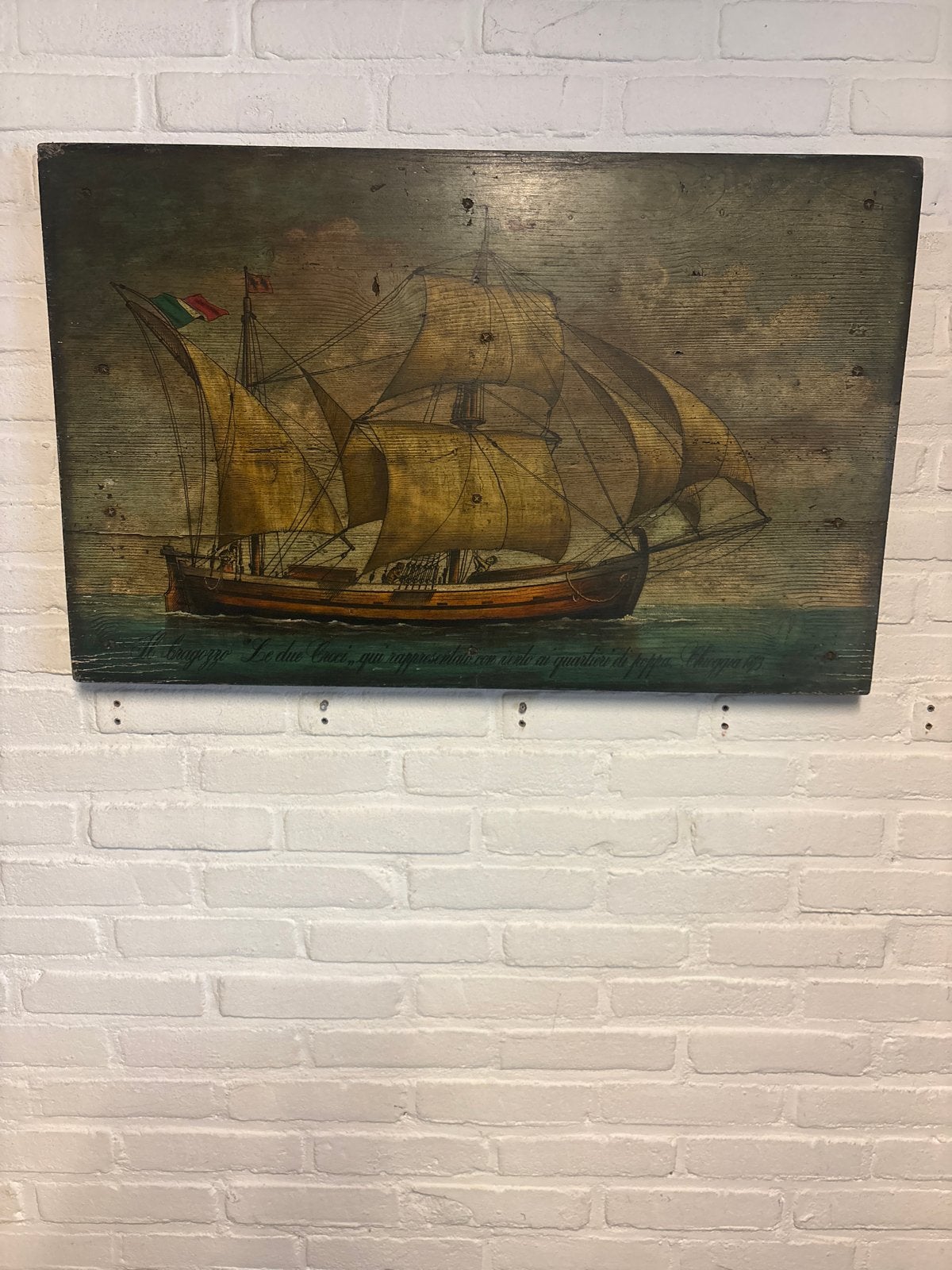 Handgeschilderd paneel: Historisch schip (80x52 cm), Antiek en Kunst, Ophalen of Verzenden, Handgeschilderd, Klassiek, Gemengde techniek