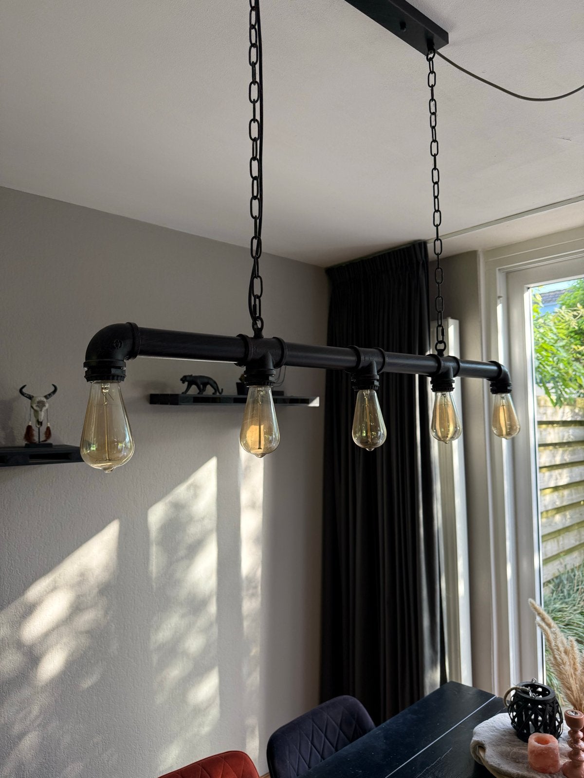 Industriële hanglamp met 5 gloeilampen, Huis en Inrichting, Lampen | Hanglampen, Ophalen, Zo goed als nieuw, Metaal, 75 cm of meer