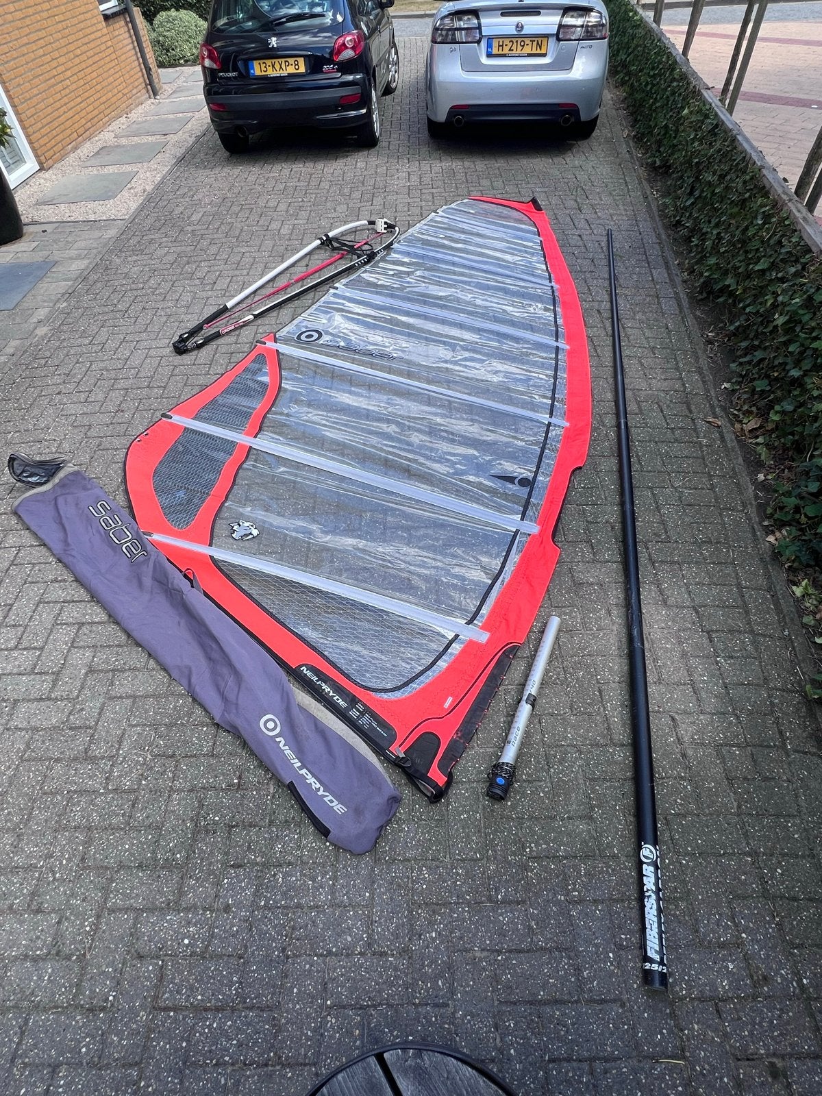 Neilpryde windsurfzeil met mast en giek en mastverl.(7.2 m²), Ophalen, Gebruikt, Met giek, 6.5 m² tot 8 m²