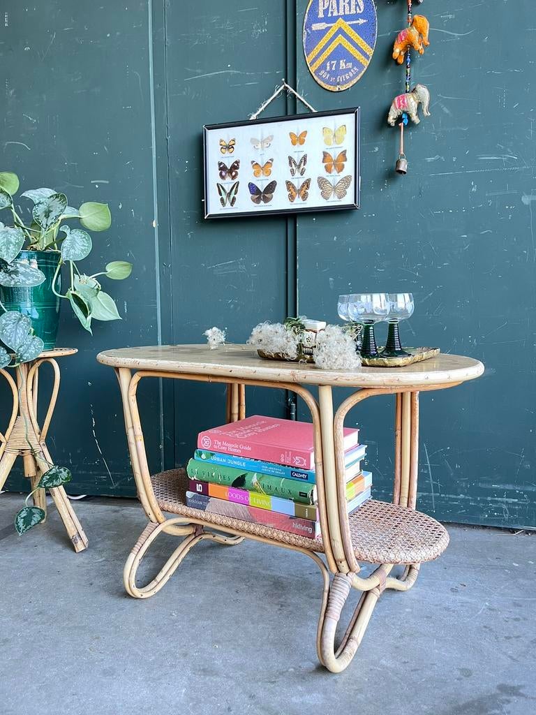 Rotan salontafel vintage tafeltje rotan, Huis en Inrichting, Tafels | Bijzettafels, Minder dan 55 cm, Gebruikt, Rond, Ophalen