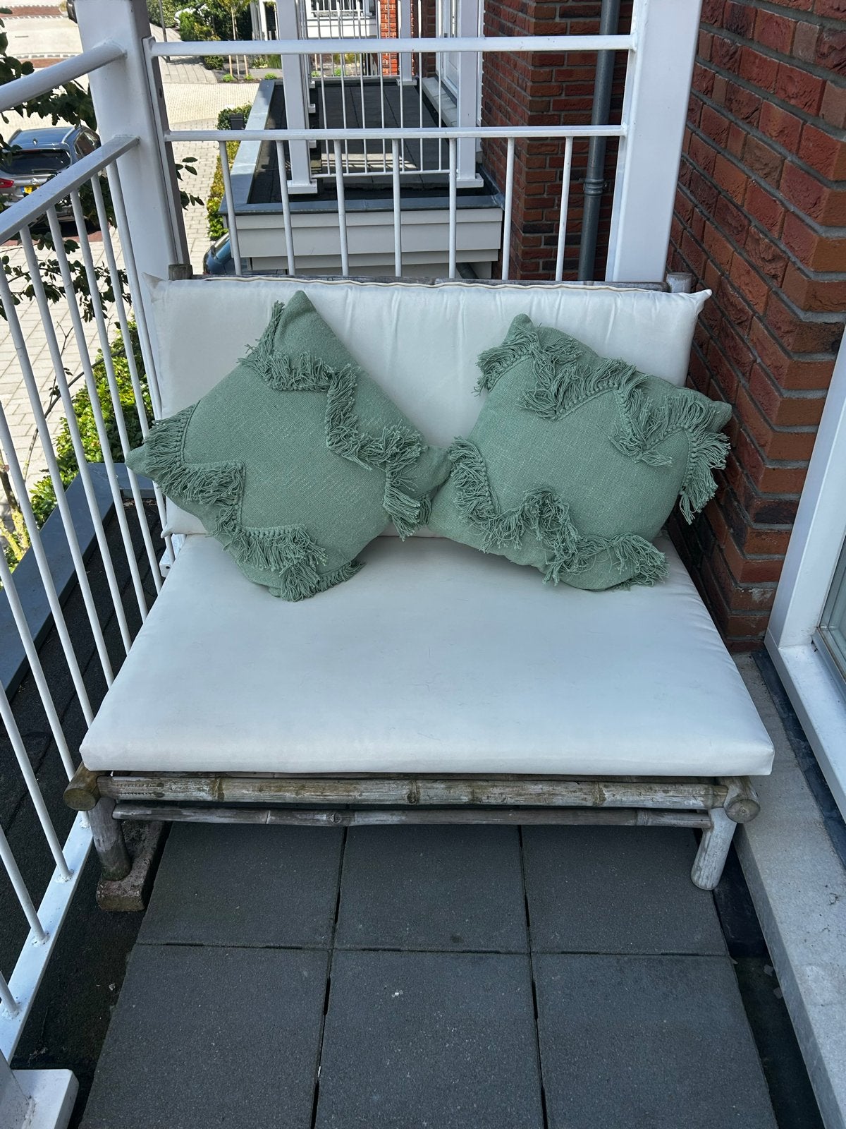 Bamboe bankje met kussens voor balkon/tuin/camping, Tuin en Terras, Tuinbanken, Ophalen, Gebruikt, Overige materialen