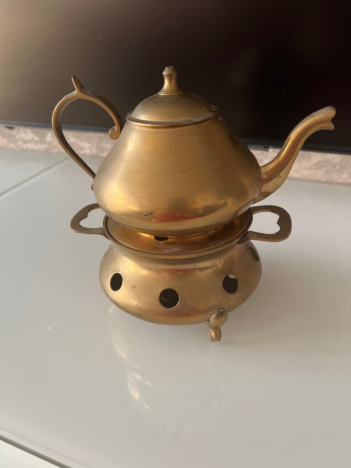 Vintage  koper messing theepot met rechaud, Ophalen of Verzenden, Koper