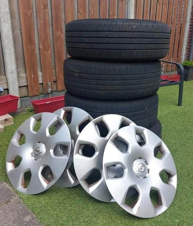 Banden met velgen en wieldoppen Opel 16 inch velgen, Ophalen of Verzenden, Gebruikt, Opel