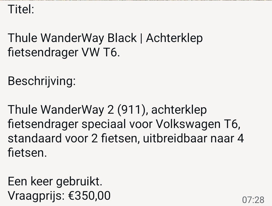 Thule wanderway black achterklep fietsendrager vw T6, Eén persoon, Overige soorten