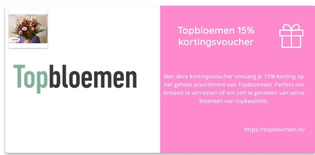 TOPBLOEMEN 15% kortingscode, Eén persoon, Kortingsbon, Warenhuis- of Winkelbon