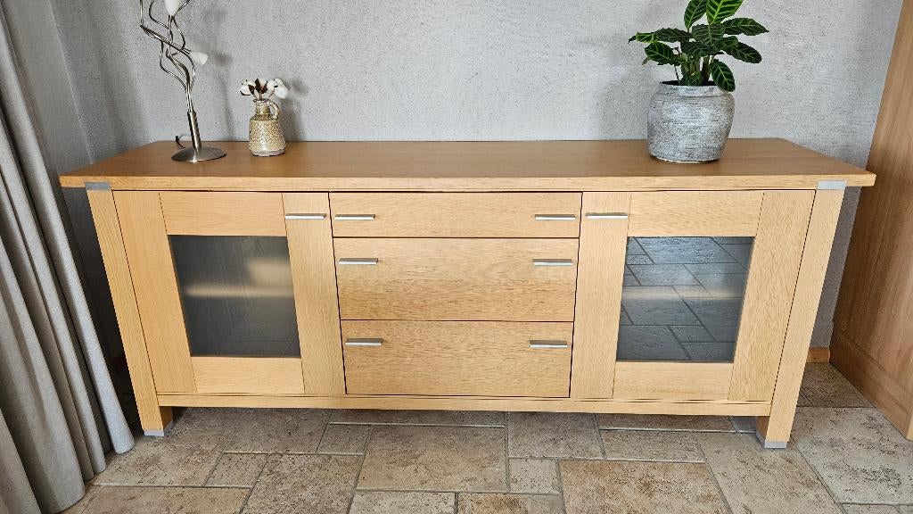 Prachtige blank eiken woonkamerinrichting Hans Daalder Steel, Ophalen, Gebruikt, Met deur(en), Blank eiken