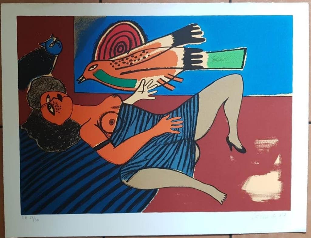 Corneille Beverloo(1922)Lithografie"Femme avec chat"Ges Gen, Personages en Fantasiefiguren, Ophalen of Verzenden, Lithografie