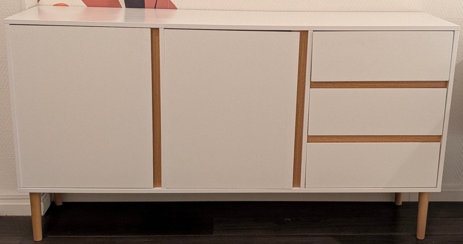 Modern dressoir wit met eiken accenten - 150x40x80 cm, Ophalen, 100 tot 150 cm, Modern, Scandinavisch, Zo goed als nieuw