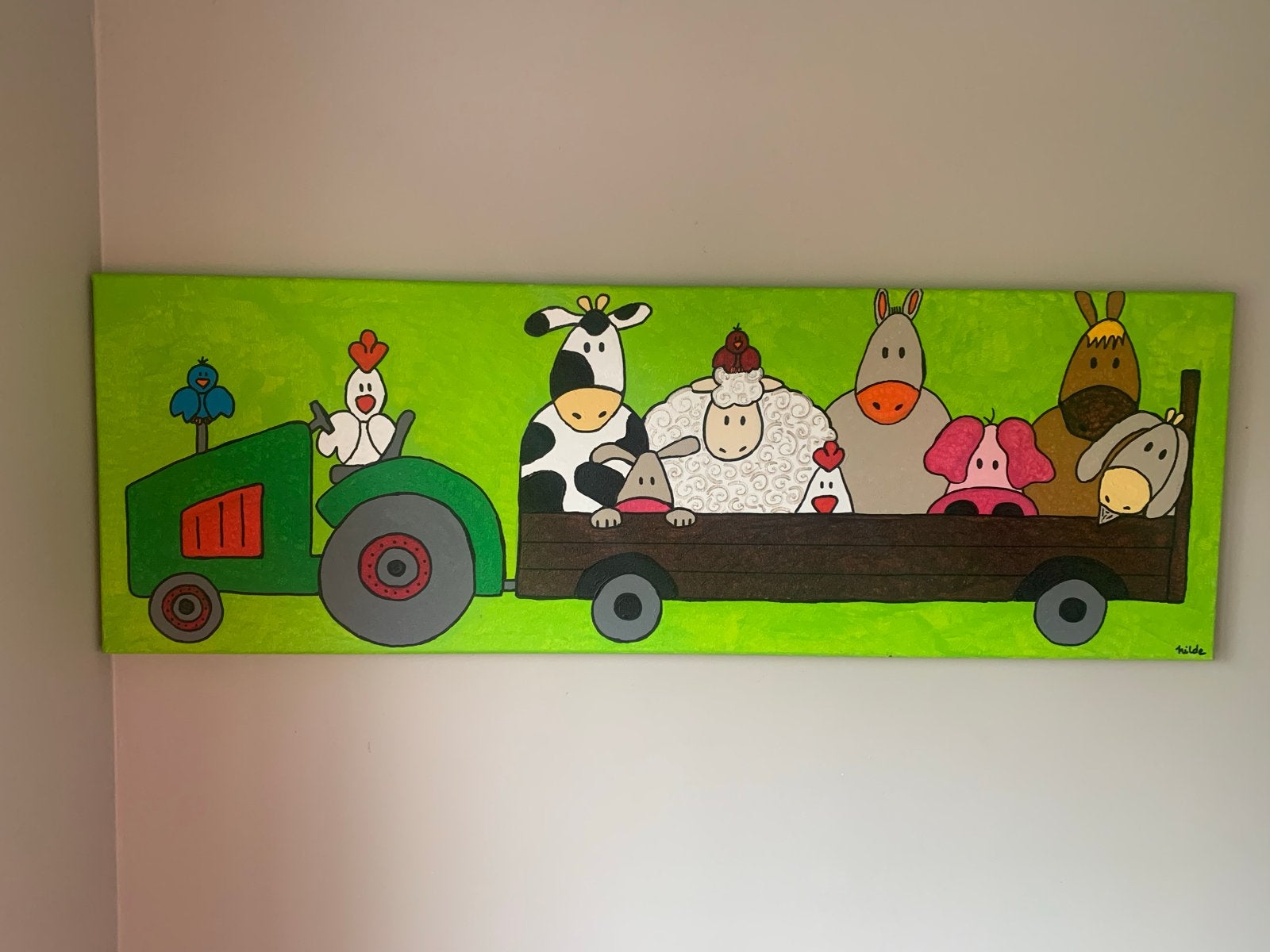 Vrolijk schilderij met boerderijdieren op tractor, Ophalen, Acrylverf, Handgeschilderd, Dieren