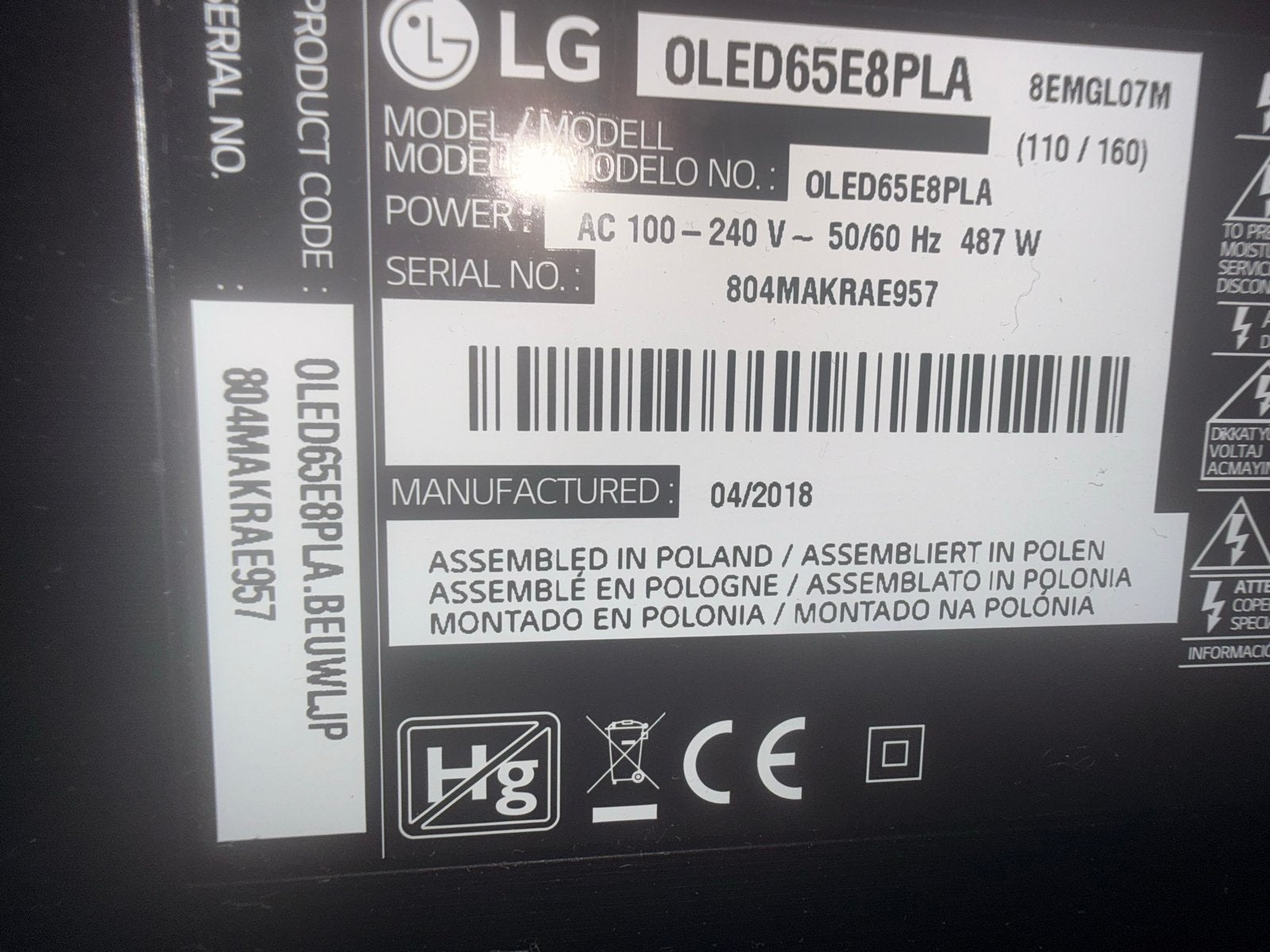 LG OLED65E8PLA 65 inch 4K OLED Smart TV, Ophalen, Gebruikt, OLED, 100 Hz