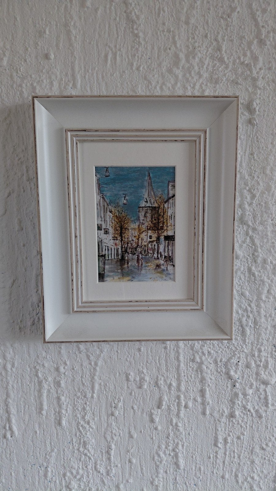 Schilderij stadsgezicht met kerk en bomen, Ophalen of Verzenden