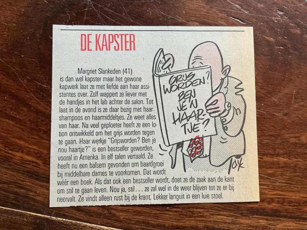 Karikatuur Dik Bruynesteyn De Kapster 1986 krantenartikel, Ophalen of Verzenden, Knipsel(s)