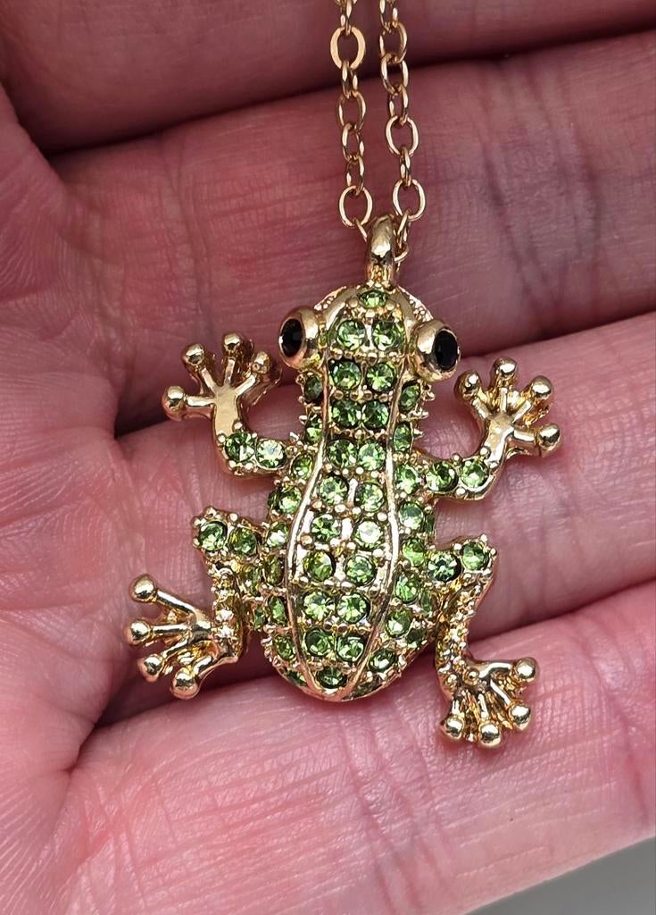 Gouden Kikker Ketting met Groene Kristallen, Sieraden, Tassen en Uiterlijk, Kettingen, Nieuw, Overige materialen, Goud, Met hanger