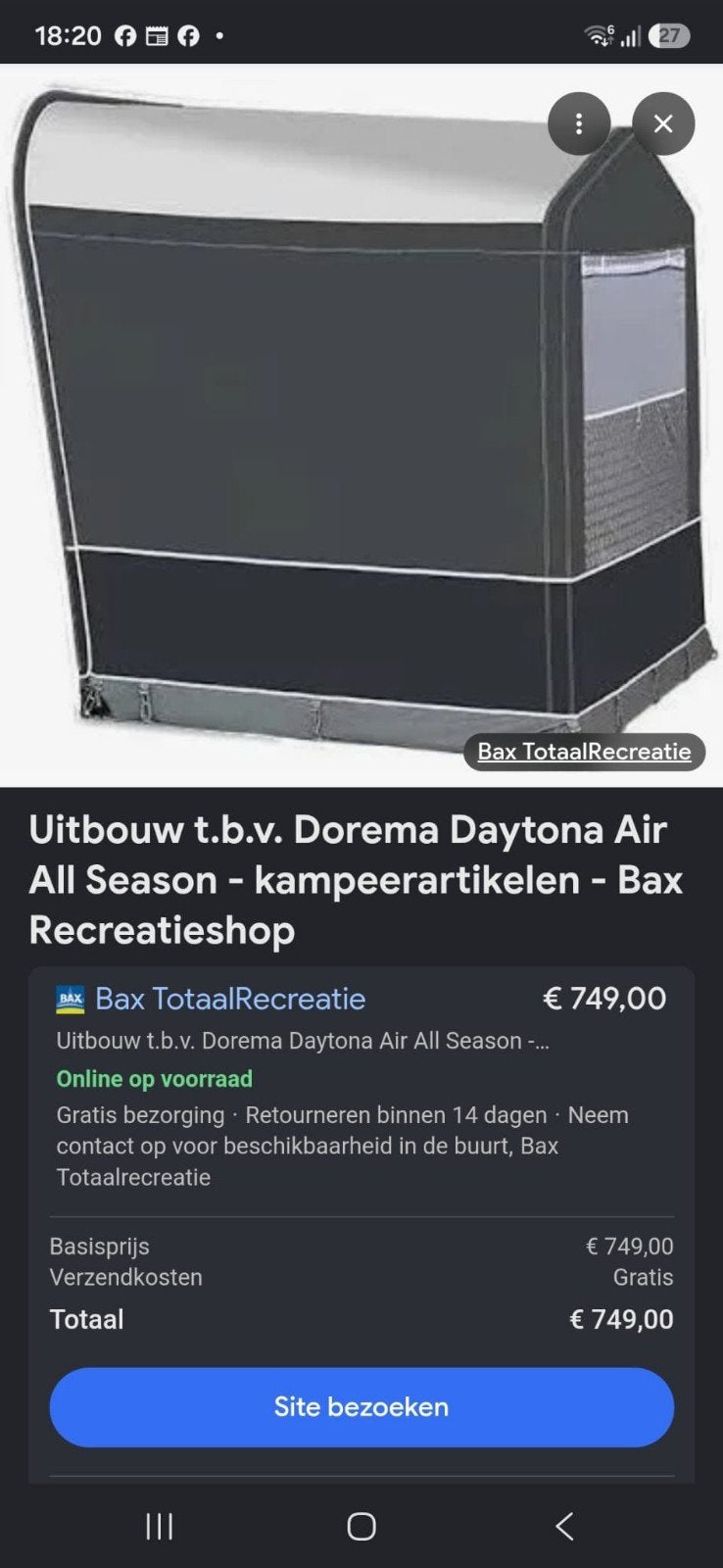 Uitbouwtent  t.b.v dorema daytona air.
All season, Ophalen, Zo goed als nieuw