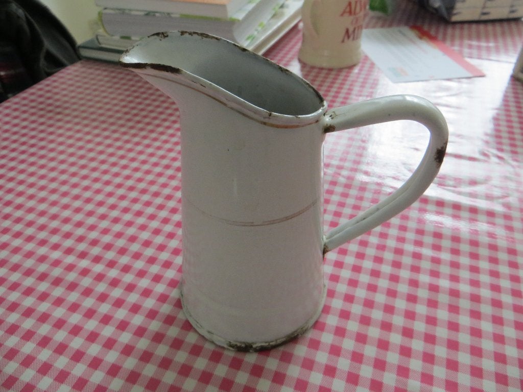 emaille kannetje/wit/vintage/brocante/vaas/bloemen/herfst, Ophalen of Verzenden