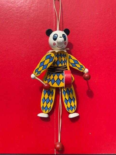 Vintage Sevi houten trekpop Clown met Trommel, Ophalen of Verzenden, Gebruikt, Overige typen