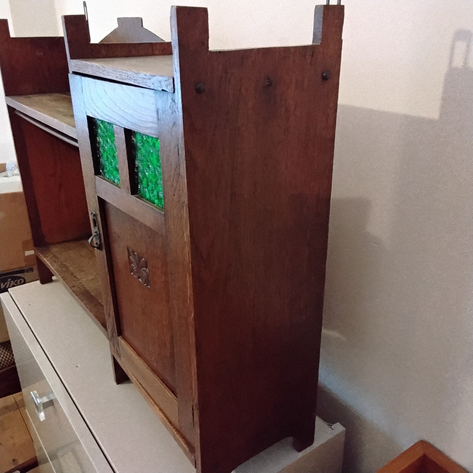 vintage eiken keukenkastje, met deurtje (2 groene raampjes), Ophalen, Gebruikt, Adeco jaren 20