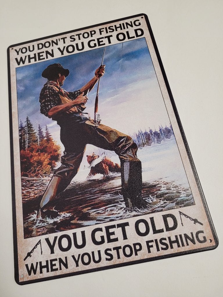 Dont stop fishing get old vissen reclamebord van metaal deco, Info@deconoord.nl, Deco Noord, Nieuw, Ophalen of Verzenden