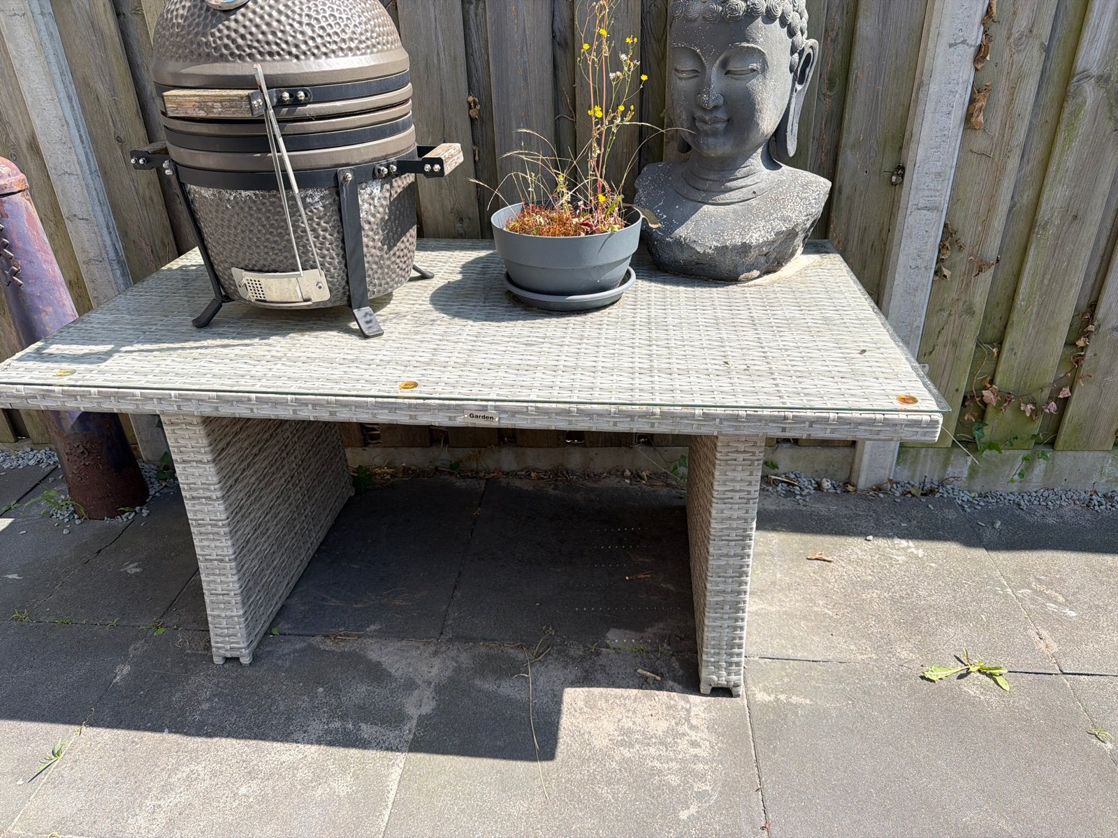 Wicker tuintafel met glazen blad, Ophalen, Gebruikt, Rechthoekig, Wicker