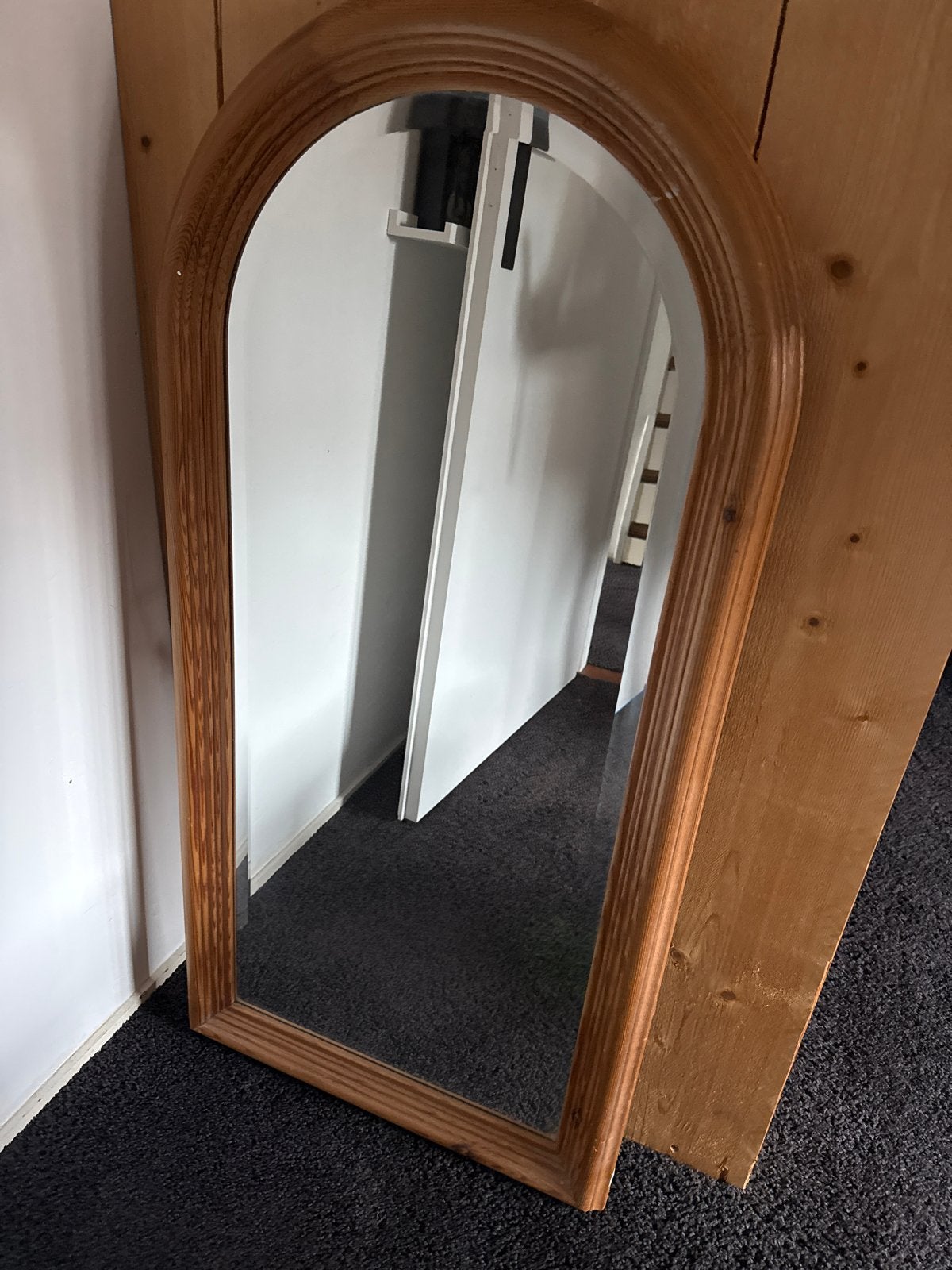 Vintage spiegel met houten lijst - Boogvormig, Ophalen, Gebruikt, 100 tot 150 cm, Overige vormen