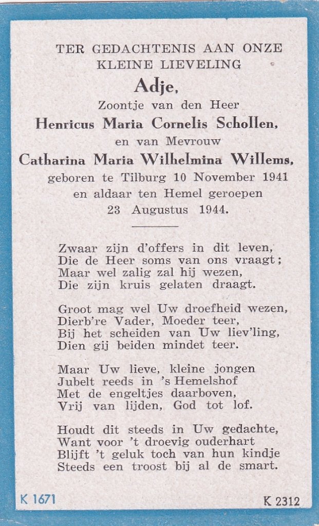 Schollen Adje 1941 Tilburg 1944, Ophalen of Verzenden, Bidprentje