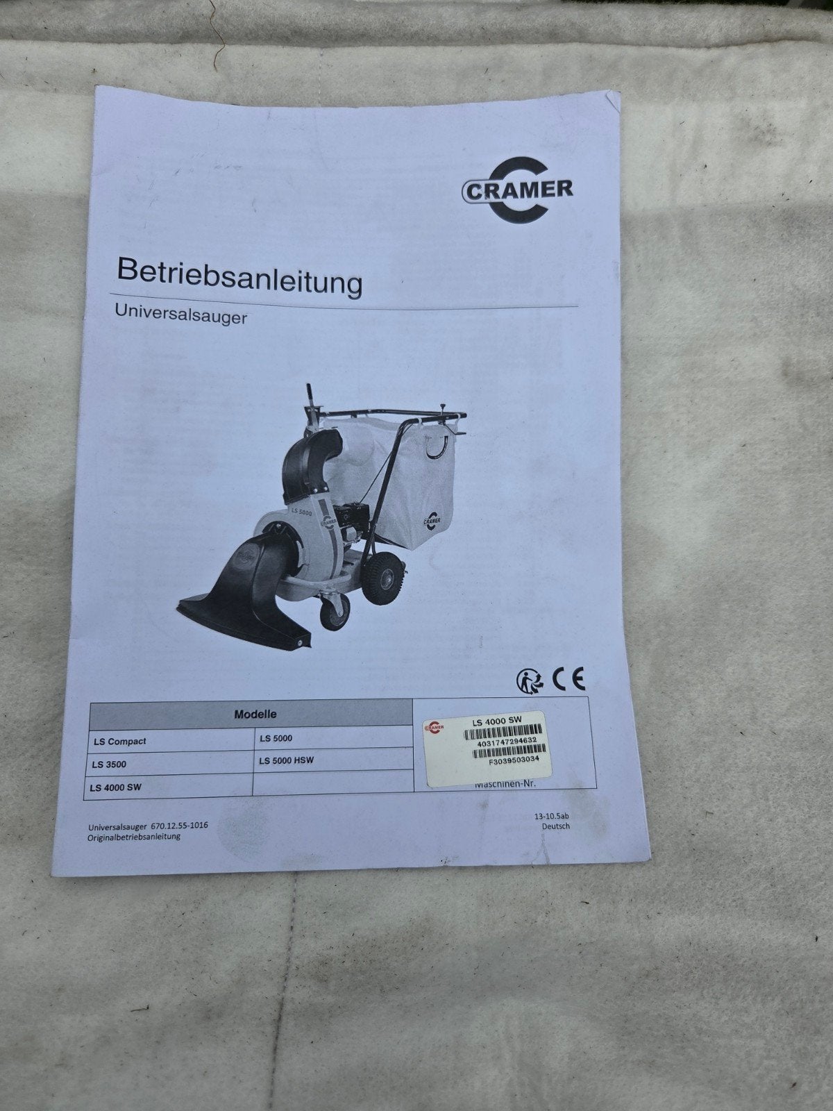 Cramer bladzuiger LS 4000 SW met opvangbak en zuigslang, Benzine, Met opvangzak, Ophalen of Verzenden, Gebruikt
