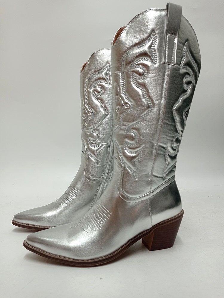 Zilveren hoge cowgirl dames laarzen leren cowboy boots, Verzenden, Nieuw, Overige kleuren, Hoge laarzen