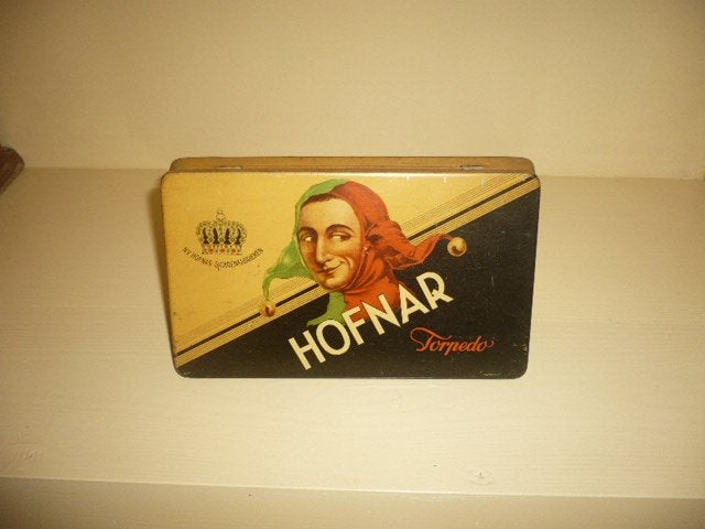 Mie18<> oud sigaren blik Hofnar torpedo, Verzamelen, Verzenden, Gebruikt, Overige, Overige merken