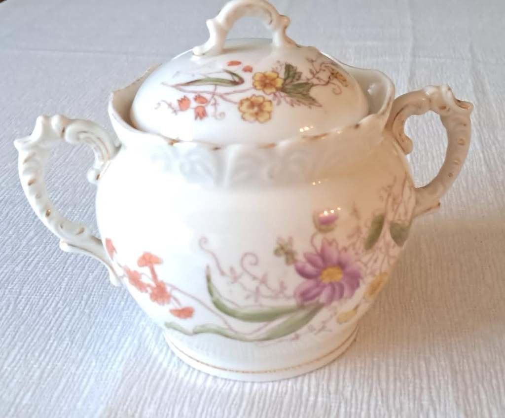 Brocante suikerpot met bloemendecor, Ophalen of Verzenden