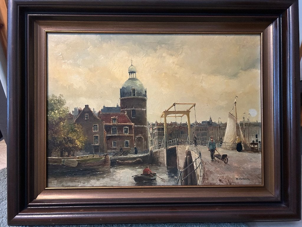 Olieverfschilderij: Stadsgezicht met gracht en ophaalbrug, Antiek en Kunst, Kunst | Schilderijen | Klassiek, Ophalen, Doek, Realistisch