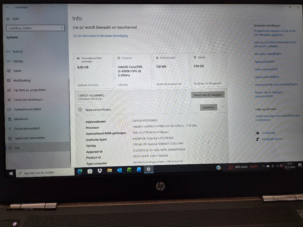 HP Pavillion laptop 15 inch, 256 GB, 2 tot 3 Ghz, 8 GB, Ophalen of Verzenden
